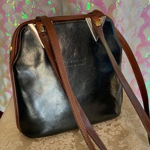 Vintage Luisa Italian Leather Purse Handbag Black with Brown and Gold Trim